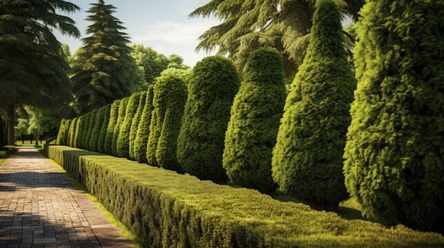 Row of Tall Evergreen Thuja Occidentalis Trees Creating a Green Hedge Fence Along a Path in the Cottage Backyard