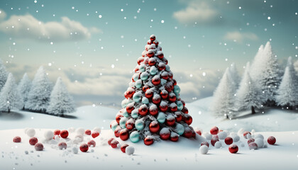 Fototapeta na wymiar Snow covered winter tree in a festive forest celebration generated by AI
