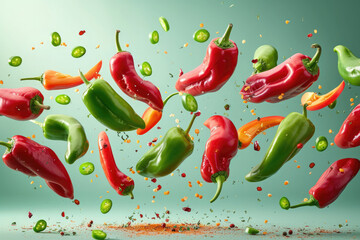 Savor the fiery flavor: vibrant red chili peppers stand out against a backdrop of green, promising a burst of spice and heat to elevate any dish