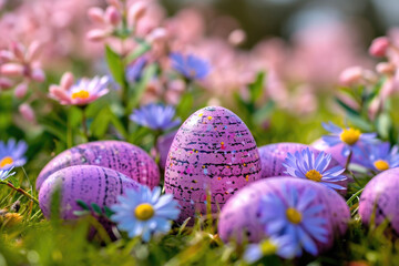 Colorful Easter eggs displayed on vibrant green field. Perfect for Easter-themed designs and celebrations