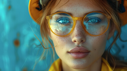 Portrait of a beautiful female engineer in a hard hat and glasses. 8 March International Working Women's Day concept. Industrial background.