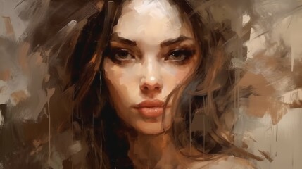 Portrait of a beautiful sensual girl with long brown hair a painted by oil. Digital painting art. Oil portrait of an Attractive face of an young woman with long wavy hair. Sensual young lady.