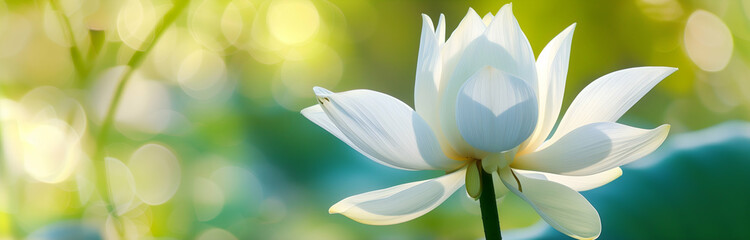 Panoramic view of a white lotus in a sunlit pond, petals spread wide, against a backdrop of soft green hues and gentle light bokeh