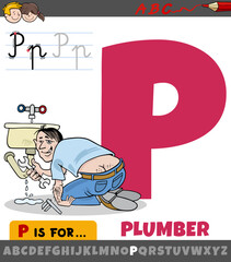 letter P from alphabet with cartoon plumber character