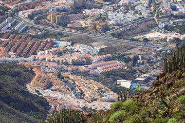 Los Cristianos view from mountain Roque del Conde on Tenerife. Close up aerial photos