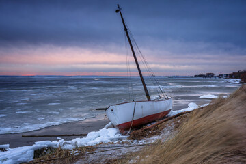 Baltic sea beach at winter in Kuznica, Hel Peninsula. Poland