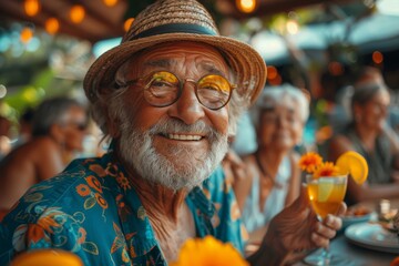 A dapper gentleman sporting a charming smile and stylish hat adorned with a vibrant orange flower, framed by his sleek glasses and set against the backdrop of an idyllic outdoor scene - obrazy, fototapety, plakaty