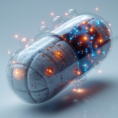 Pills and capsules in a futuristic shape with light spots