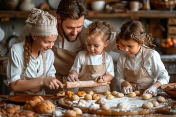 A father and his two children donning aprons and smiles, eagerly mix ingredients in a cozy bakery, creating delectable treats to share with loved ones