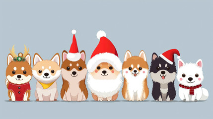 Group of dogs dressed in festive Christmas hats and scarves. Perfect for adding holiday cheer to your projects