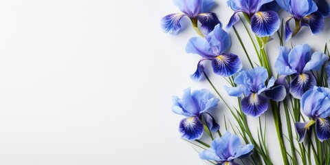 Blue iris flower on a white background. Place for text, festive spring background. Generative AI - obrazy, fototapety, plakaty