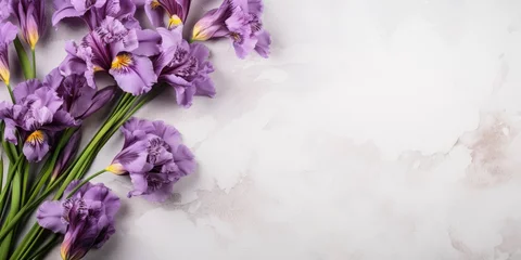 Fototapeten Purple bouquet of iris flowers on a light background. Place for text, spring. Generative AI © 22_monkeyzzz