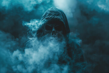 a hooded skull shrouded in smoke a hooded skull is surrounded by clouds of smoke in a dark and gloomy atmosphere. - obrazy, fototapety, plakaty