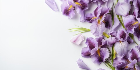 Purple bouquet of iris flowers on a light background. Place for text, spring. Generative AI