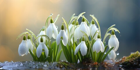 Snowdrops with water drops and melted snow, the beginning of spring. Generative AI