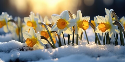 Narcissus in the spring in the first rays of the sun. First spring flower in the snow. Generative AI - obrazy, fototapety, plakaty