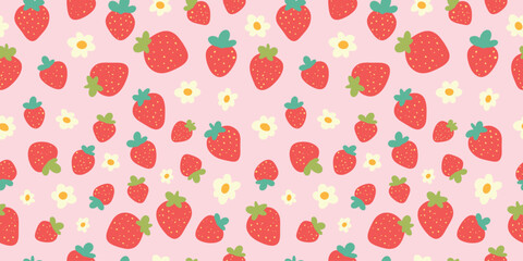Strawberry Cute Pink Kawaii Nursery Seamless Vector Pattern  - 738312404