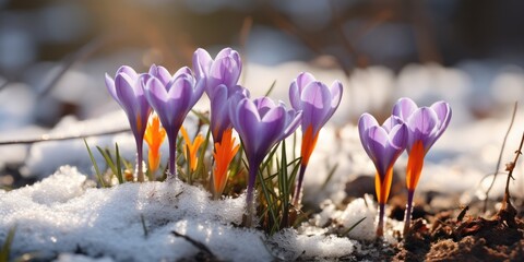 Spring crocus flowers under the snow in the sun, the beginning of spring. Generative AI