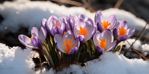 Spring crocus flowers under the snow in the sun, the beginning of spring. Generative AI