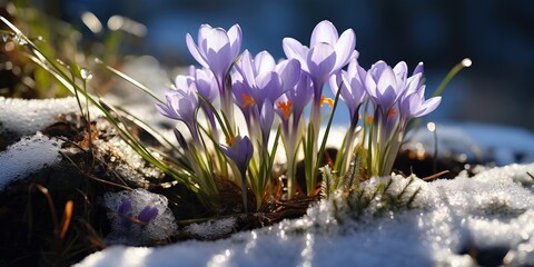 The first spring crocus under the snow, the beginning of spring, the eighth of March. Generative AI