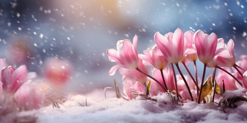 Pink tulips, flowers in the snow, beginning of spring, March 8th. Generative AI