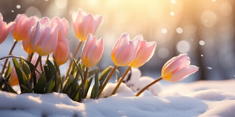 Pink tulips, flowers in the snow, beginning of spring, March 8th. Generative AI - Powered by Adobe
