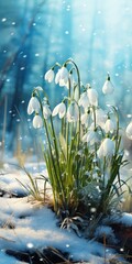 Snowdrops under the snow in the rays of the first sun, flowers in the forest, Generative AI
