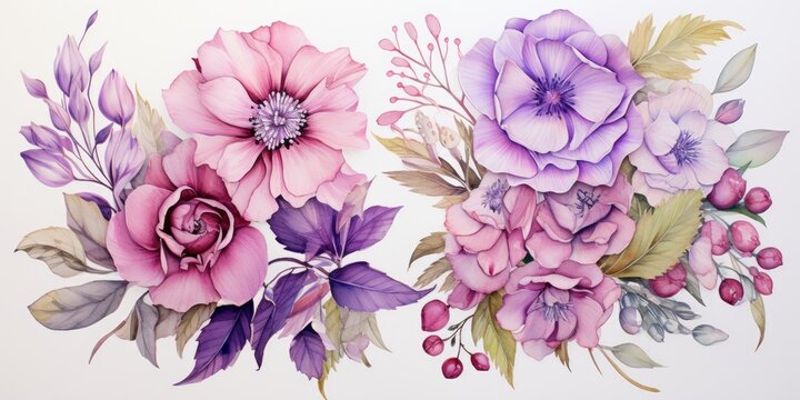 Pink and purple various flowers, floral background beginning of spring, Generative AI