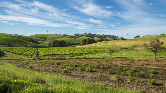 A small orchard of fruit trees sits on a gently sloping hill surrounded by carefully p swales and berms to help retain rainfall. In the distance a small wind turbine stands