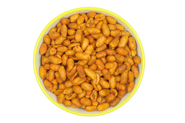 Bowl full of chilli flavour coated peanuts isolated on white background