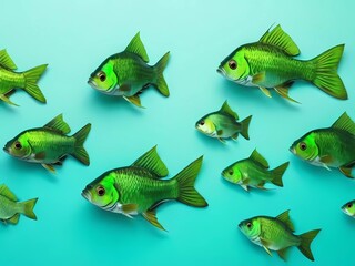 set of fishes on green background top view 