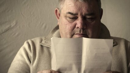 bad news: middle aged man at home receiving a bad news with a letter