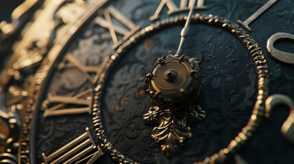 A close-up of an antique clock face with ornate hands and Roman numerals, frozen in time