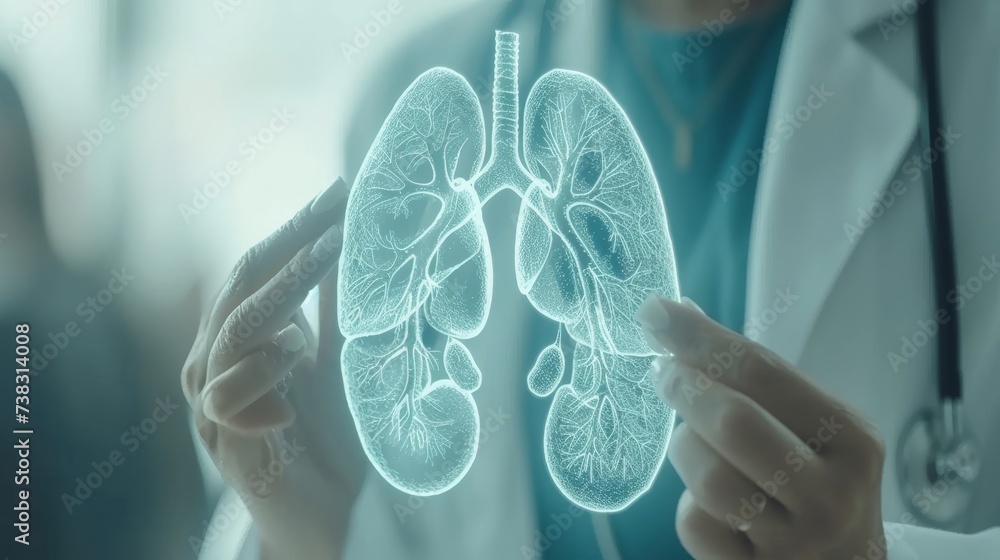 Poster digital x ray of human kidneys holographic scan projection on blurred background with copy space