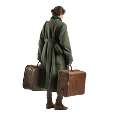 The back of a XX century immigrant woman  with luggage. Isolated on transparent background. 