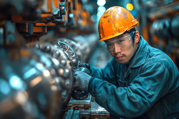 Technicians working and operating machinery in industry.