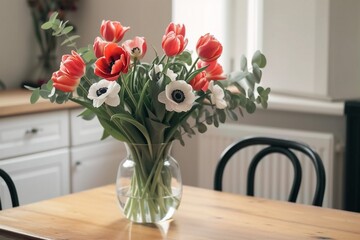 Spring flowers in glass vase on wooden table. Blurred kitchen background with old chair. Bouquet of red tulips, white anemone flowers and eucalyptus branches. generative ai.