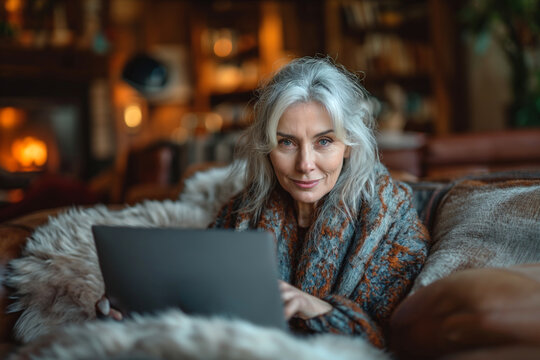 Mature woman working on laptop at home