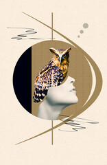 Abstract contemporary art design, portrait of young woman with bird on face without her eyes