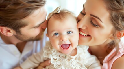 Loving family kissing newborn baby, parents embracing and holding infant tenderly.