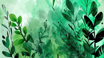 Painting of green leaves on green background. Can be used for nature-themed designs or to add touch of freshness to any project