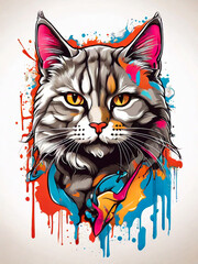 illustration cat face with colorful splashes, Can be used for logo, t shirt design, posters,...