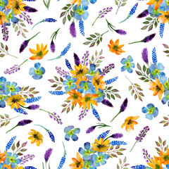 Fototapeta na wymiar Watercolour pattern, bouquet of wild flowers. Seamless floral pattern-303.