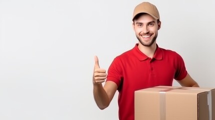 Smiling delivery person with a box, giving a thumbs up. Concept of excellent shipping, customer service, and trustworthy delivery. White background. Banner with copy space