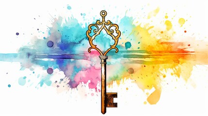 Vintage key with colorful watercolor splashes. Concept of mystery, vintage charm, unlocking, creative design, antique keys, and historical secrets.