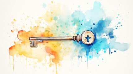 Watercolor painting of a decorative key. Concept of mystery, vintage charm, unlocking, creative design, antique keys, and historical secrets.