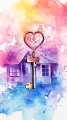 Watercolor artwork of a cottage with a key. Concept of home ownership, property security, and artistic real estate depiction.