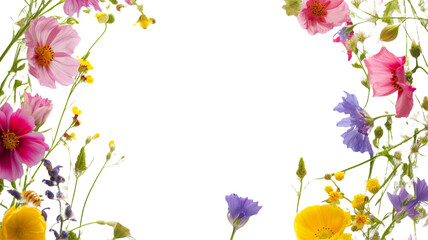 Field wild flowers arranged in a circle with empty blank space in the middle, round frame made of natural wild flowers on transparent background, PNG.