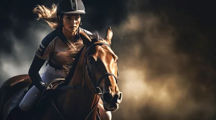 Küchenrückwand glas motiv Determined woman jockey on racing horse, action filled scene. Concept of speed, equestrian competition, horse training, and sporting events. Copy space © Jafree