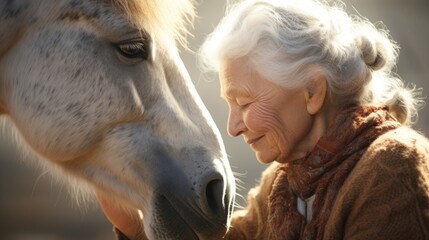Elderly woman sharing tender moment with a horse. Concept of animal therapy, companionship, elderly care, leisure and nature bonding.